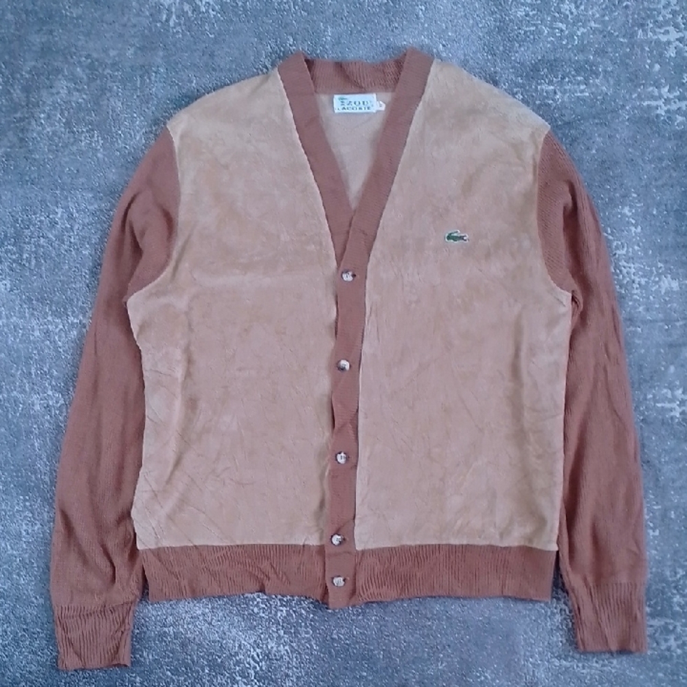 Vintage 1970s IZod Lacoste Velour Men's Beige and Brown Cardigan